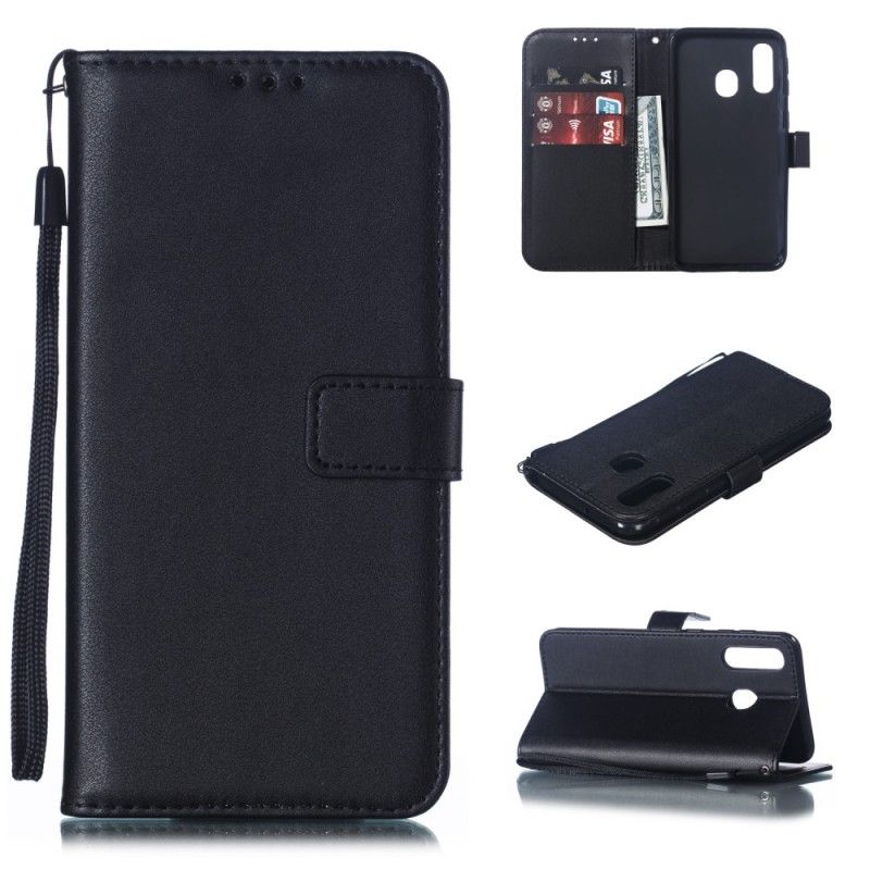 Bescherming Hoesje Samsung Galaxy A40 Donkerblauw Zwart Leereffect Met String