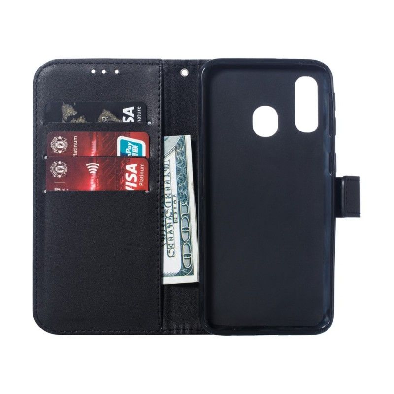 Bescherming Hoesje Samsung Galaxy A40 Donkerblauw Zwart Leereffect Met String