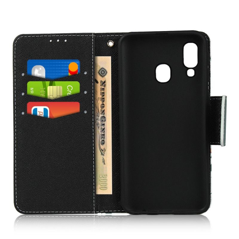 Cover Folio-hoesje Samsung Galaxy A40 Cyaan Rood Telefoonhoesje String Roosjes