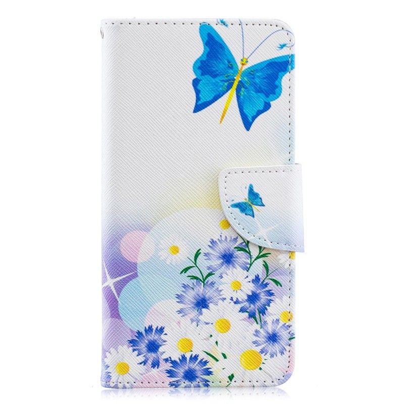 Cover Folio-hoesje Samsung Galaxy A40 Lichtblauw Magenta Telefoonhoesje Vlinders En Bloemen Beschilderd