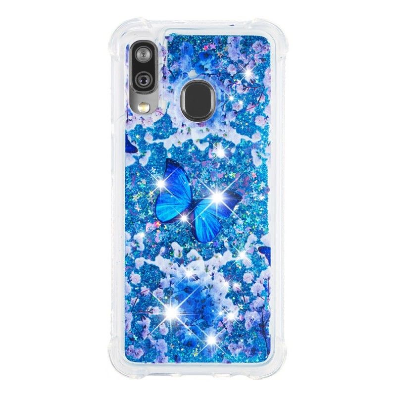 Cover Hoesje Samsung Galaxy A40 Telefoonhoesje Blauwe Glittervlinders