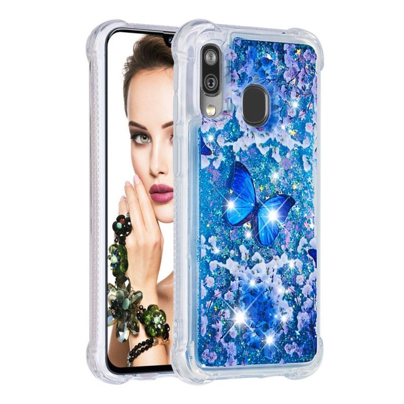 Cover Hoesje Samsung Galaxy A40 Telefoonhoesje Blauwe Glittervlinders