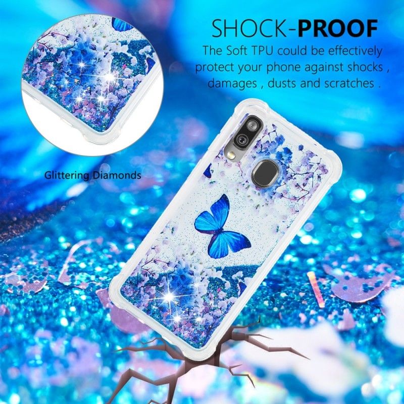 Cover Hoesje Samsung Galaxy A40 Telefoonhoesje Blauwe Glittervlinders