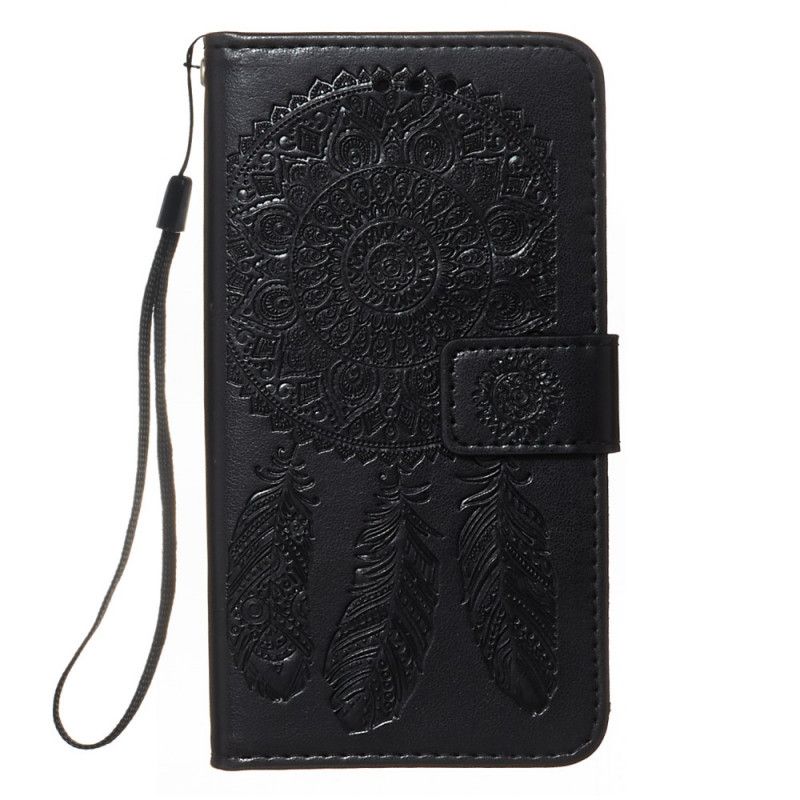 Flip Case Leren Samsung Galaxy A40 Grijs Zwart Print Dromenvanger En Lanyard
