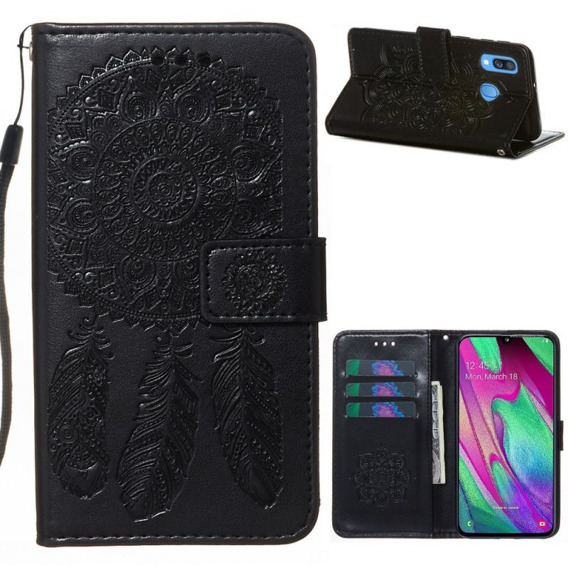 Flip Case Leren Samsung Galaxy A40 Grijs Zwart Print Dromenvanger En Lanyard