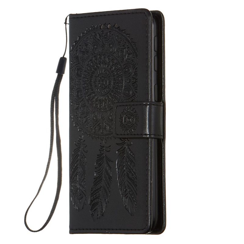 Flip Case Leren Samsung Galaxy A40 Grijs Zwart Print Dromenvanger En Lanyard