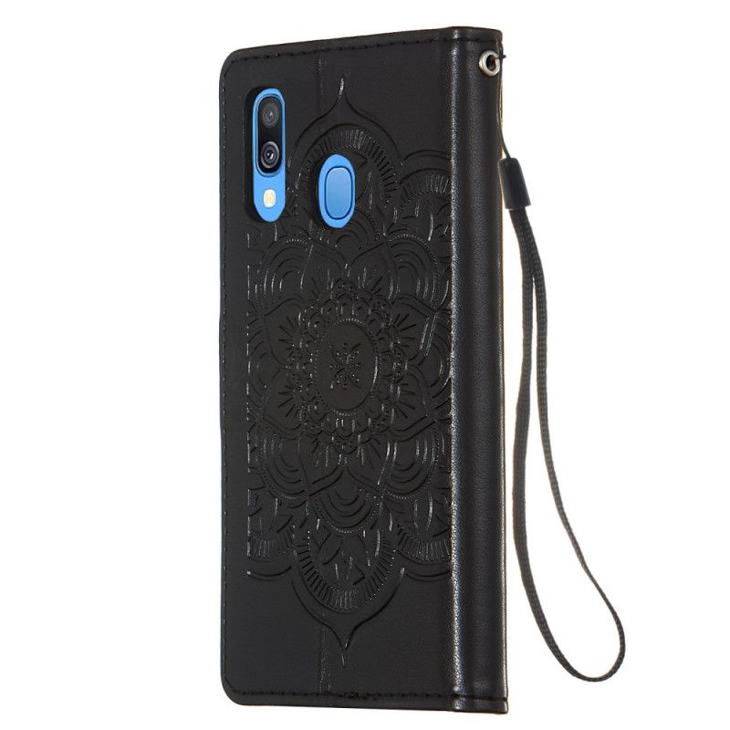 Flip Case Leren Samsung Galaxy A40 Grijs Zwart Print Dromenvanger En Lanyard