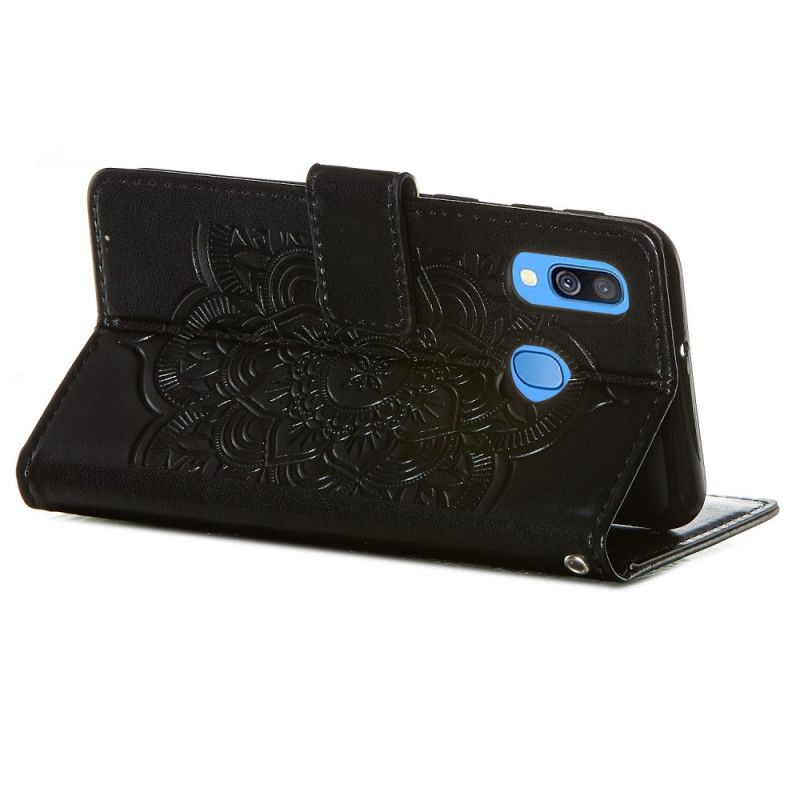 Flip Case Leren Samsung Galaxy A40 Grijs Zwart Print Dromenvanger En Lanyard