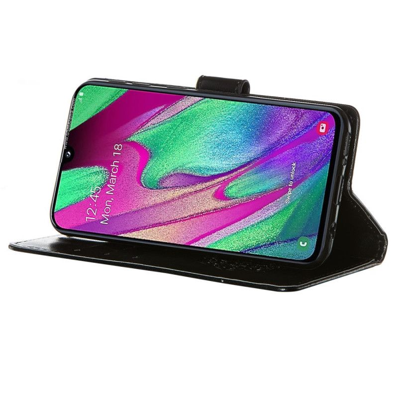 Flip Case Leren Samsung Galaxy A40 Grijs Zwart Print Dromenvanger En Lanyard