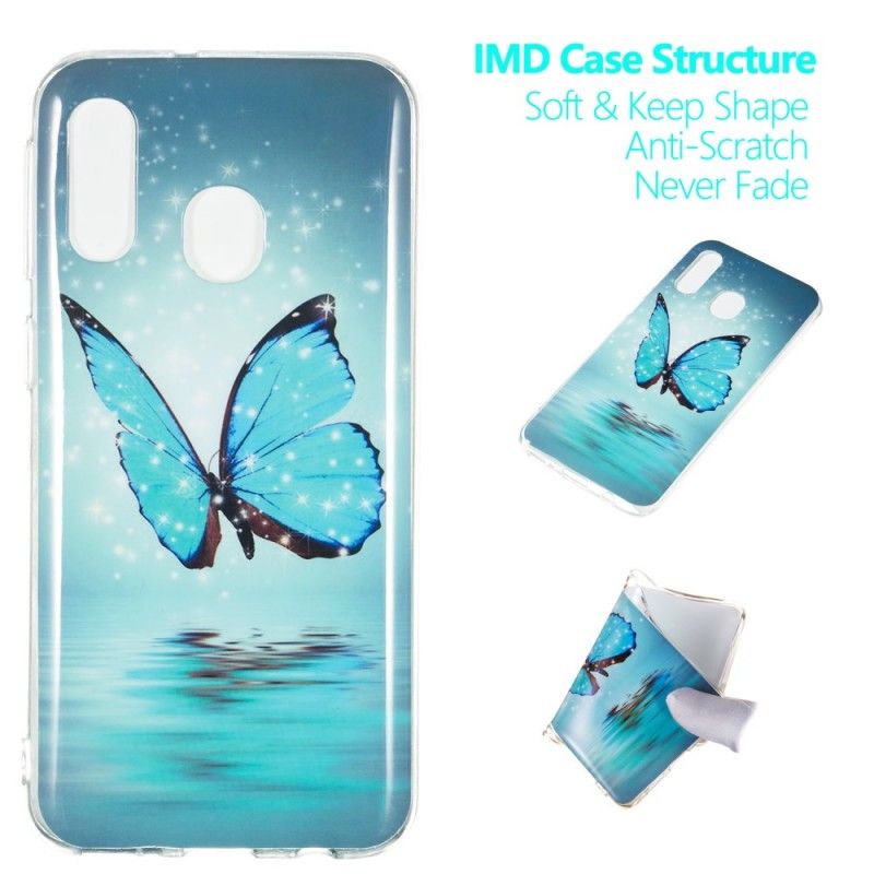 Hoesje Samsung Galaxy A40 Fluorescerende Blauwe Vlinder
