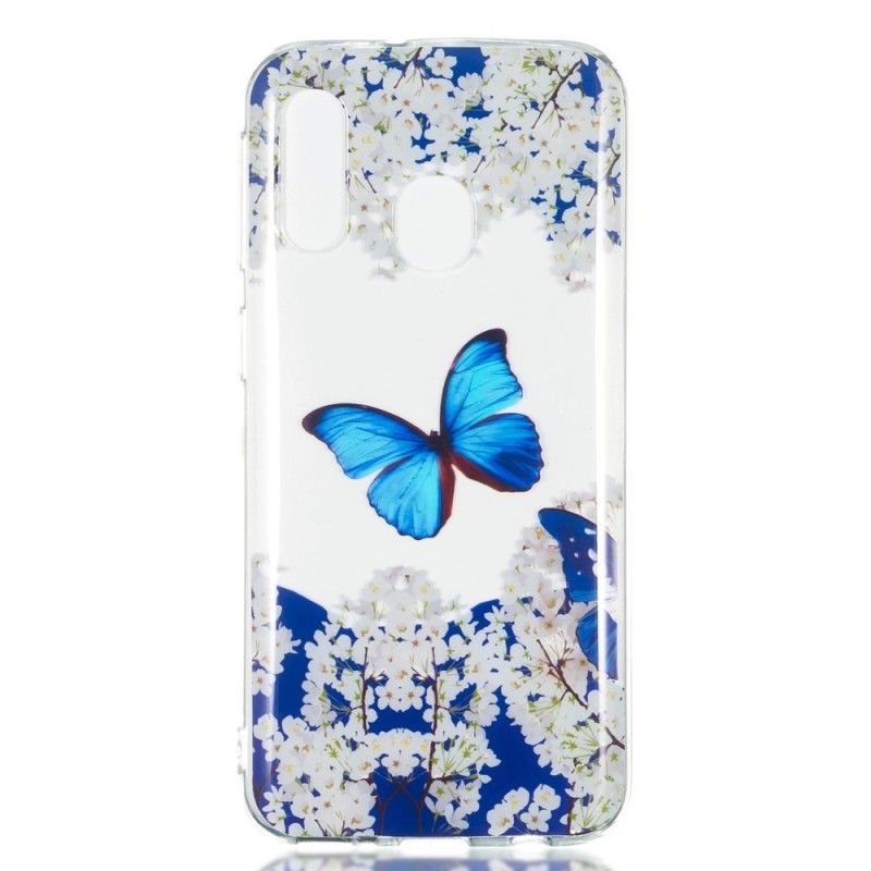 Hoesje Samsung Galaxy A40 Telefoonhoesje Blauwe Vlinder En Winterbloemen