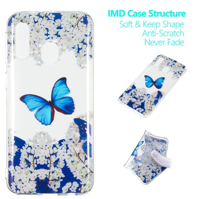 Hoesje Samsung Galaxy A40 Telefoonhoesje Blauwe Vlinder En Winterbloemen