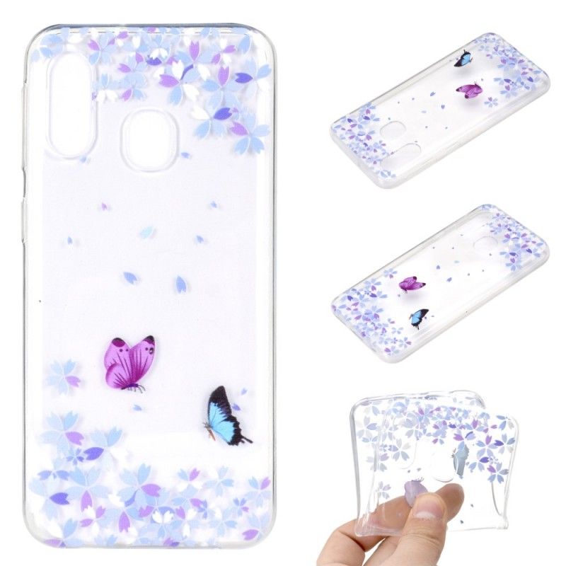 Hoesje Samsung Galaxy A40 Transparante Vlinders En Bloemen