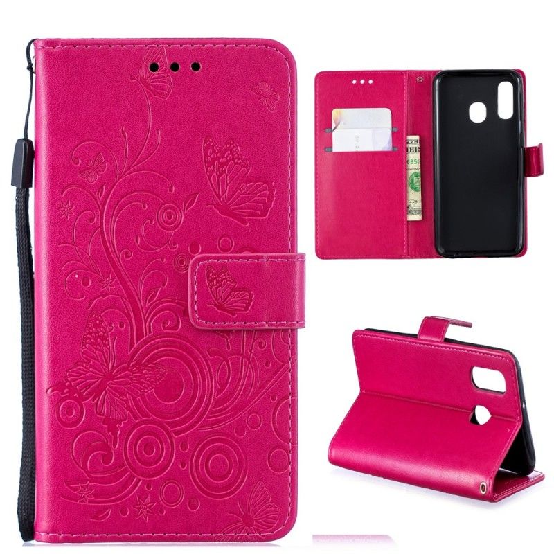 Leren Hoesje Samsung Galaxy A40 Lichtpaars Magenta Wervelende Vlinders