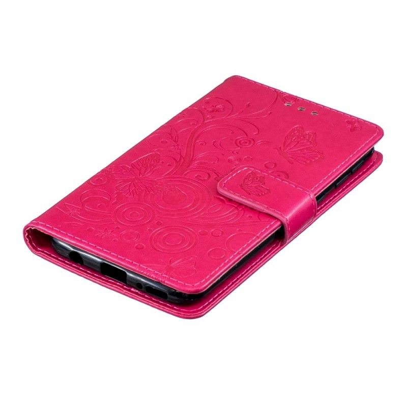 Leren Hoesje Samsung Galaxy A40 Lichtpaars Magenta Wervelende Vlinders