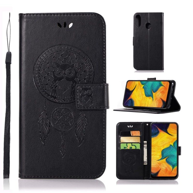 Leren Hoesje Samsung Galaxy A40 Paars Grijs Uil Dromenvanger Met Leereffect