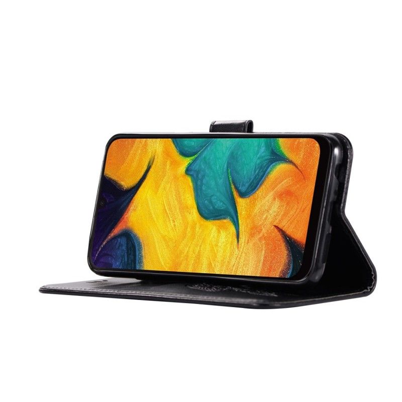 Leren Hoesje Samsung Galaxy A40 Paars Grijs Uil Dromenvanger Met Leereffect