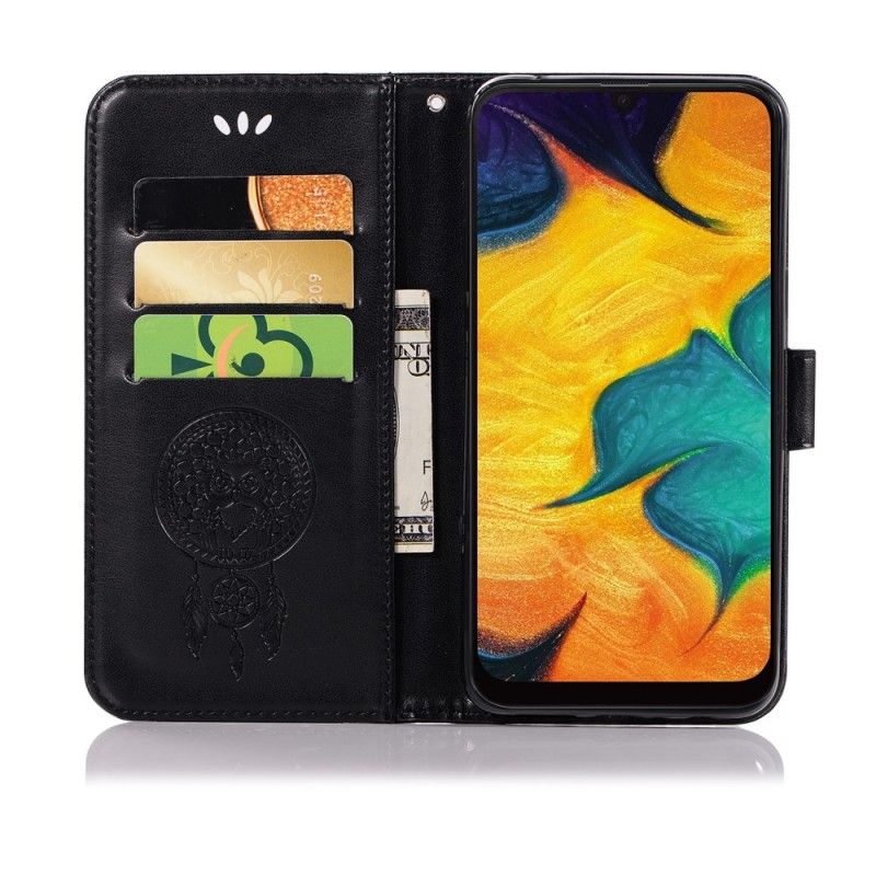 Leren Hoesje Samsung Galaxy A40 Paars Grijs Uil Dromenvanger Met Leereffect