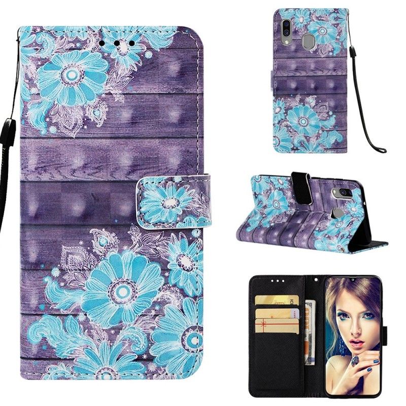 Leren Hoesje voor Samsung Galaxy A40 Blauwe Bloemen