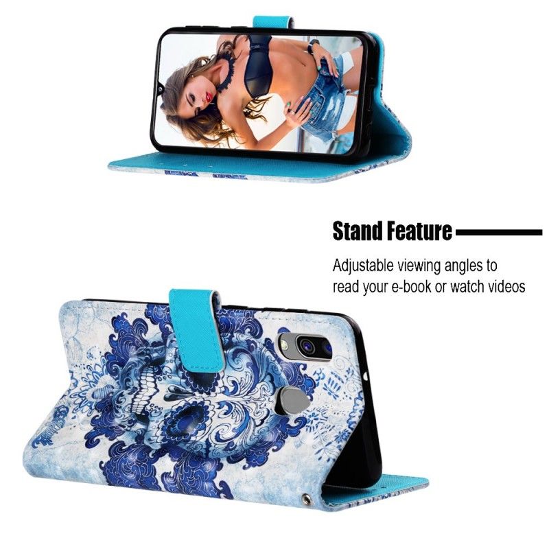 Leren Hoesje voor Samsung Galaxy A40 Blauwe Schedel