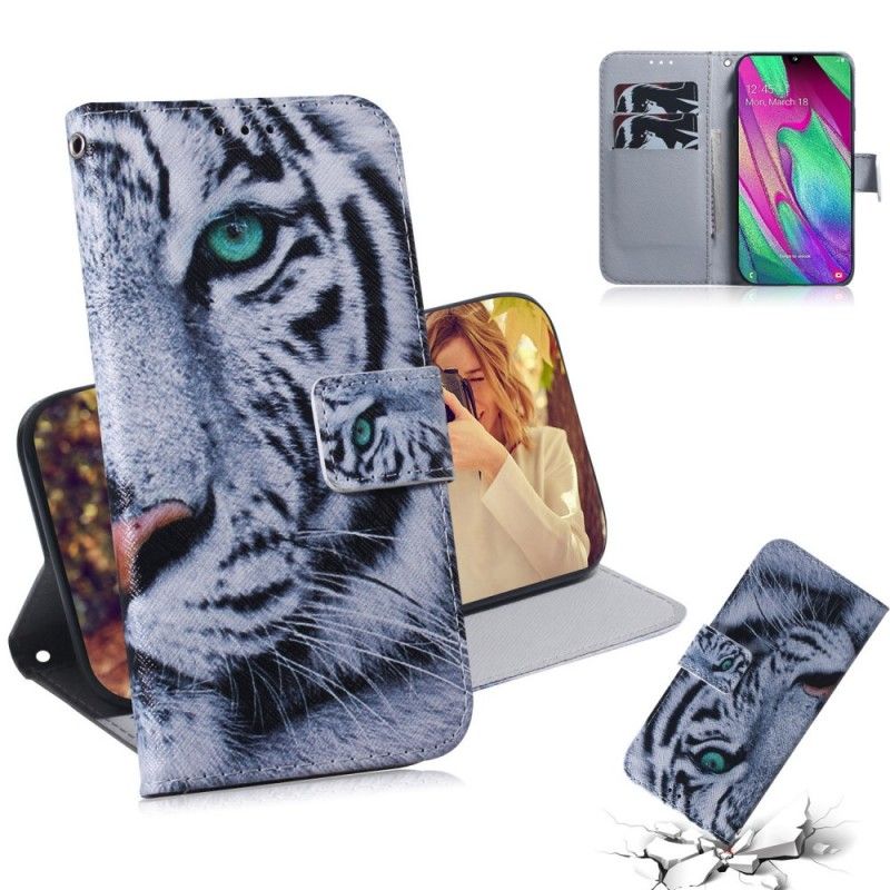Leren Hoesje voor Samsung Galaxy A40 Tijgergezicht