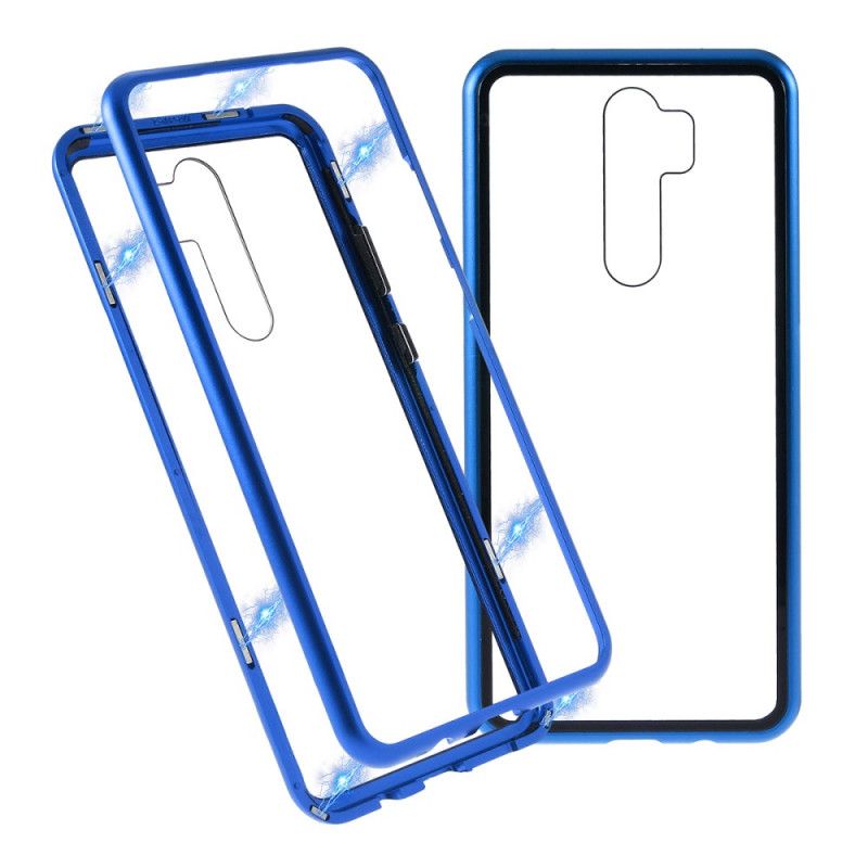 Hoesje Xiaomi Redmi Note 8 Pro Rood Zwart Metalen Randen En Gehard Glas