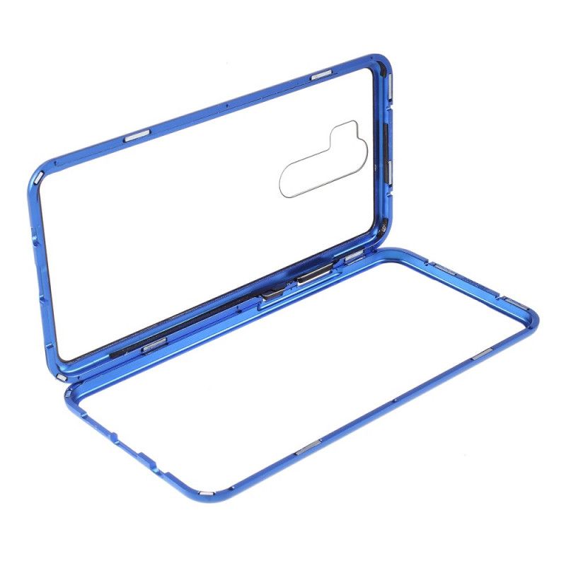 Hoesje Xiaomi Redmi Note 8 Pro Rood Zwart Metalen Randen En Gehard Glas