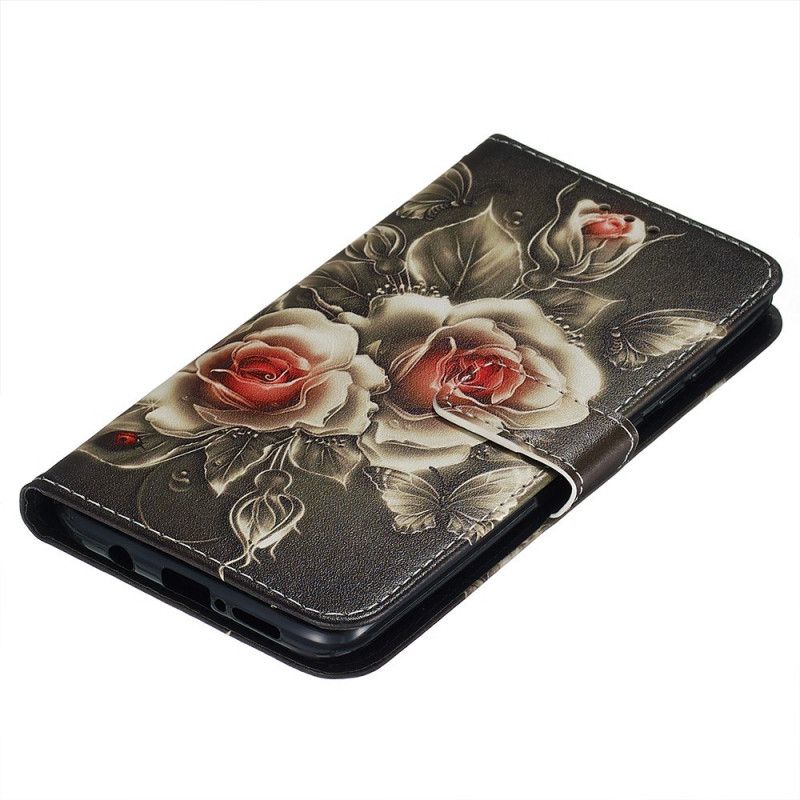 Leren Hoesje Xiaomi Redmi Note 8 Pro Telefoonhoesje Zwarte Roos Met Riempje