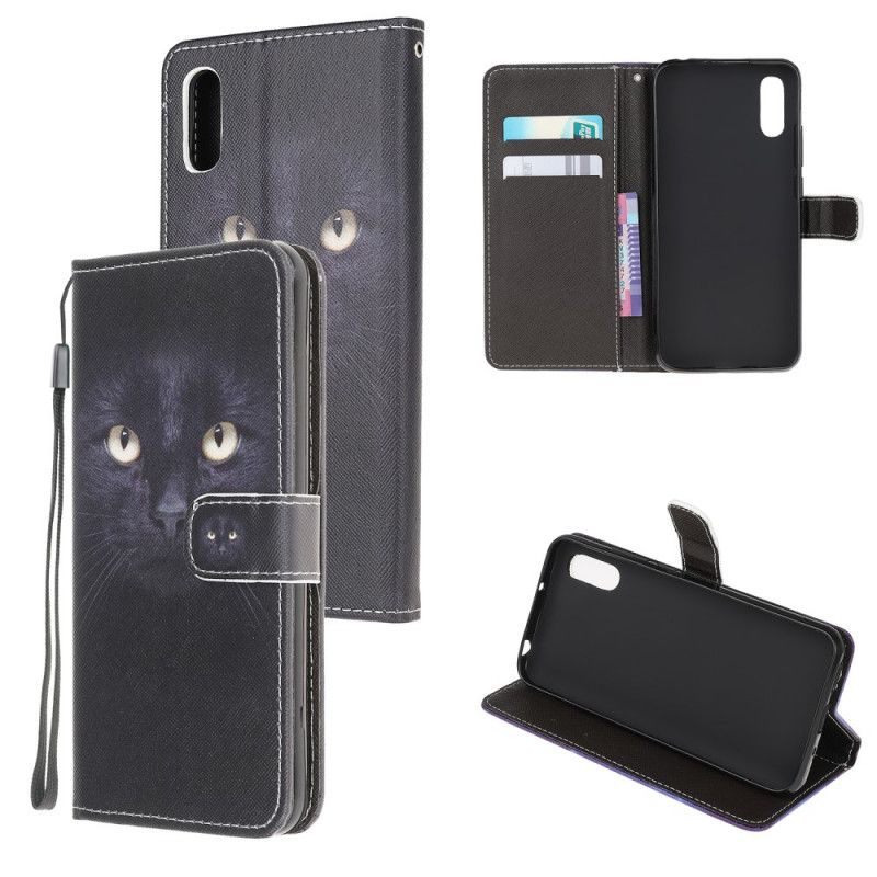 Cover Folio-hoesje Xiaomi Redmi 9A Telefoonhoesje Zwarte Kattenogen Met String