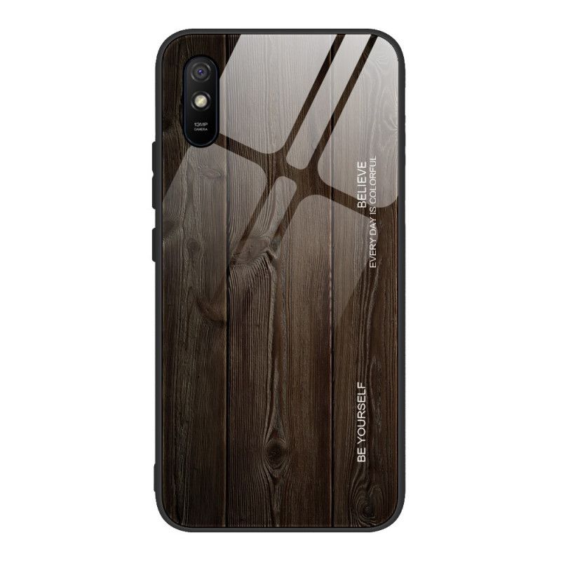 Hoesje Xiaomi Redmi 9A Grijs Zwart Houtdessin Gehard Glas