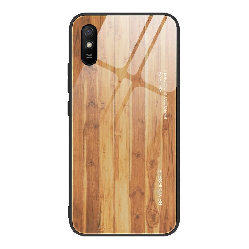 Hoesje Xiaomi Redmi 9A Grijs Zwart Houtdessin Gehard Glas