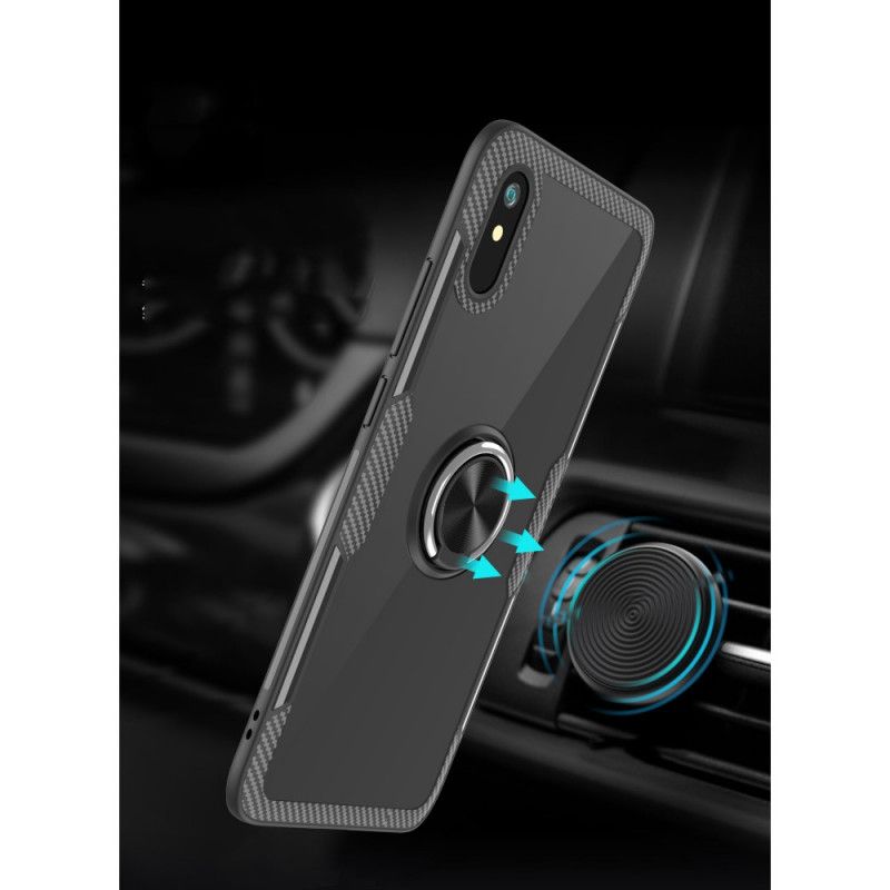 Hoesje Xiaomi Redmi 9A Rood Zwart Metalen Ring Van Koolstofvezel