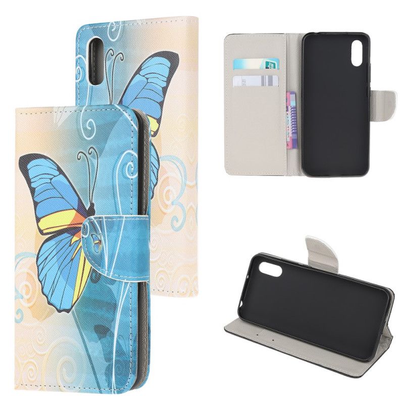 Leren Hoesje Xiaomi Redmi 9A Blauwe En Gele Vlinder