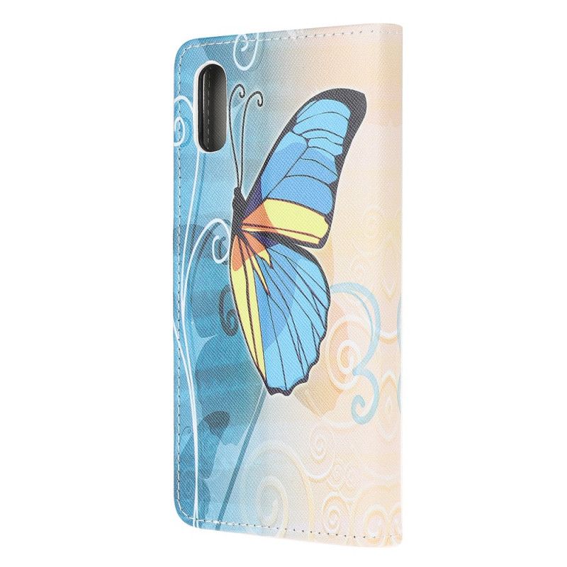 Leren Hoesje Xiaomi Redmi 9A Blauwe En Gele Vlinder