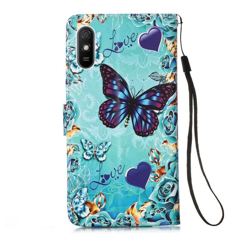 Leren Hoesje Xiaomi Redmi 9A Liefdesvlinders Met String