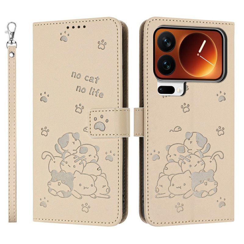 Leren Hoesje Voor Xiaomi 17 Pro Kattenpatroon En Koord