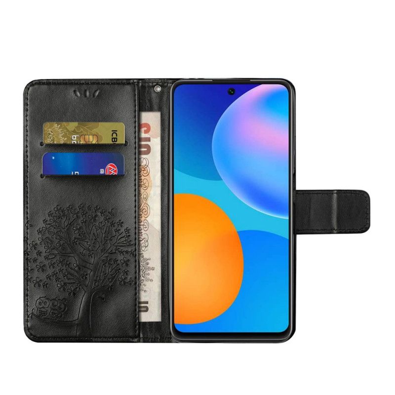 Cover Folio-hoesje Xiaomi Redmi Note 10 Pro Grijs Zwart Telefoonhoesje Boom En String Uilen