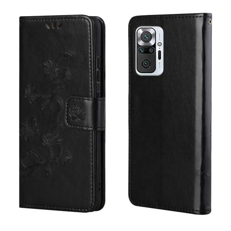 Leren Hoesje voor Xiaomi Redmi Note 10 Pro Grijs Zwart Vlinders En Bloemen