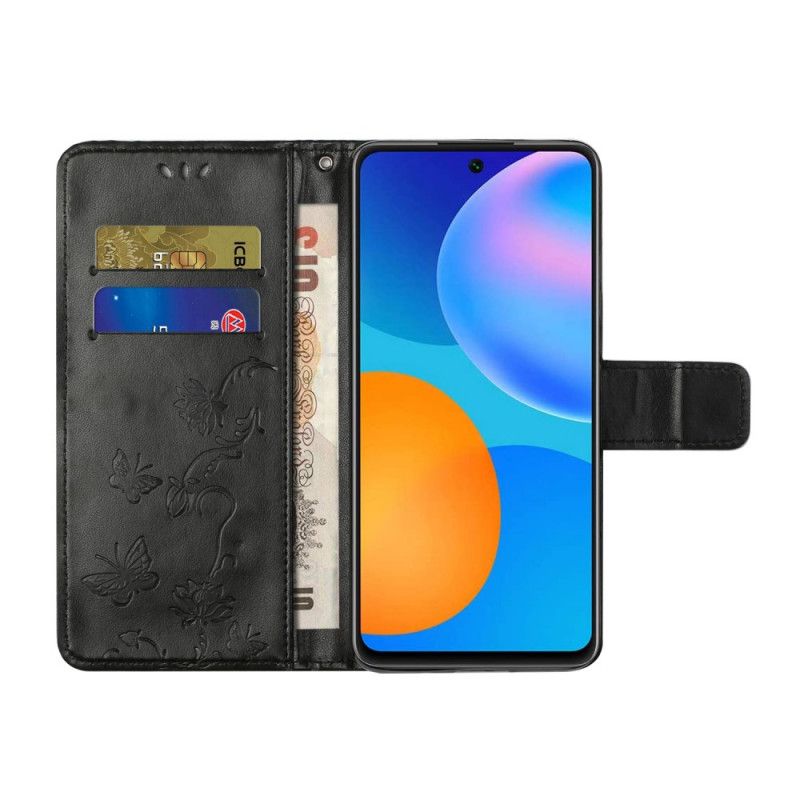 Leren Hoesje voor Xiaomi Redmi Note 10 Pro Grijs Zwart Vlinders En Bloemen