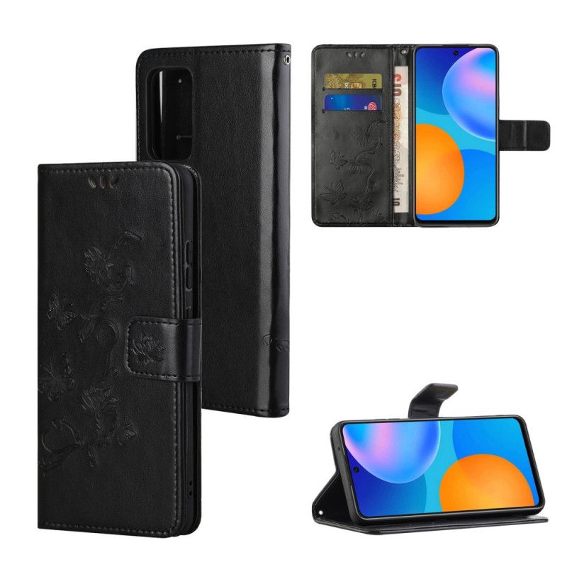 Leren Hoesje voor Xiaomi Redmi Note 10 Pro Grijs Zwart Vlinders En Bloemen