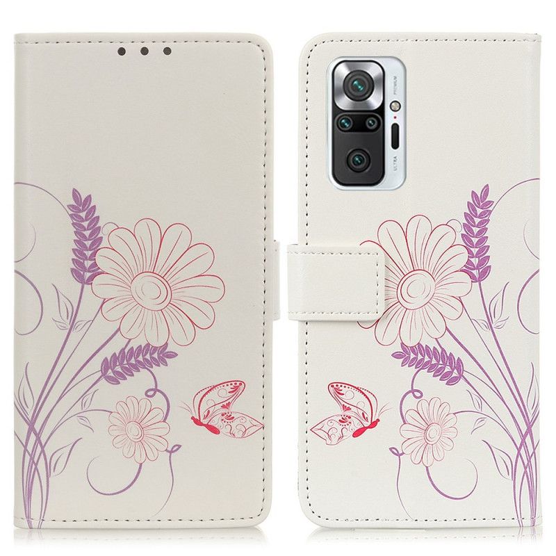 Leren Hoesje voor Xiaomi Redmi Note 10 Pro Vlinders En Bloemen Tekenen
