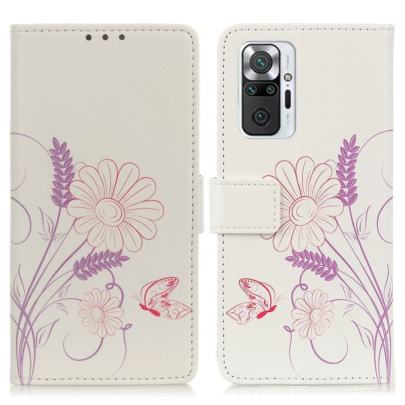 Leren Hoesje voor Xiaomi Redmi Note 10 Pro Vlinders En Bloemen Tekenen