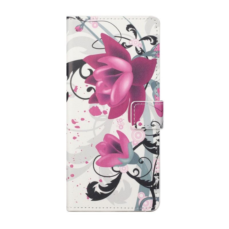 Leren Hoesje Xiaomi Redmi Note 10 Pro Roze Magenta Tropische Bloemen