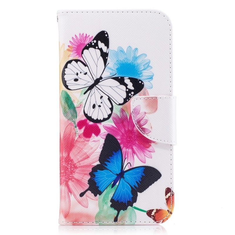 Flip Case Leren Samsung Galaxy J5 2017 Lichtblauw Roze Geschilderde Vlinders En Bloemen