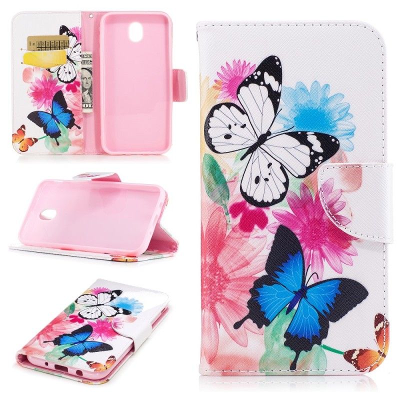 Flip Case Leren Samsung Galaxy J5 2017 Lichtblauw Roze Geschilderde Vlinders En Bloemen