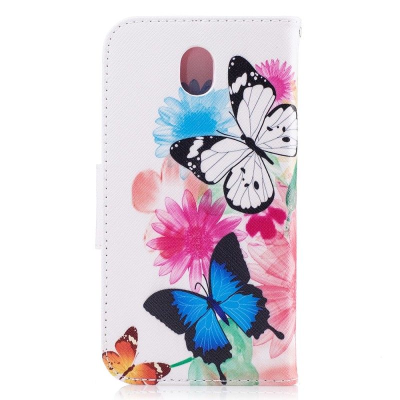 Flip Case Leren Samsung Galaxy J5 2017 Lichtblauw Roze Geschilderde Vlinders En Bloemen