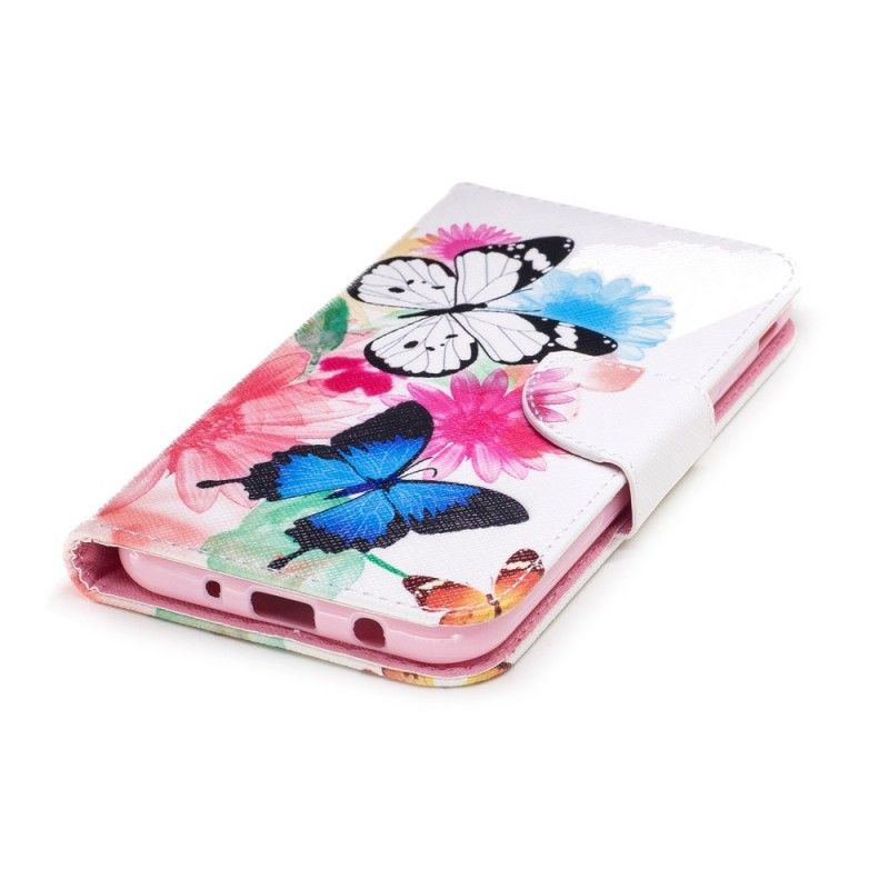 Flip Case Leren Samsung Galaxy J5 2017 Lichtblauw Roze Geschilderde Vlinders En Bloemen