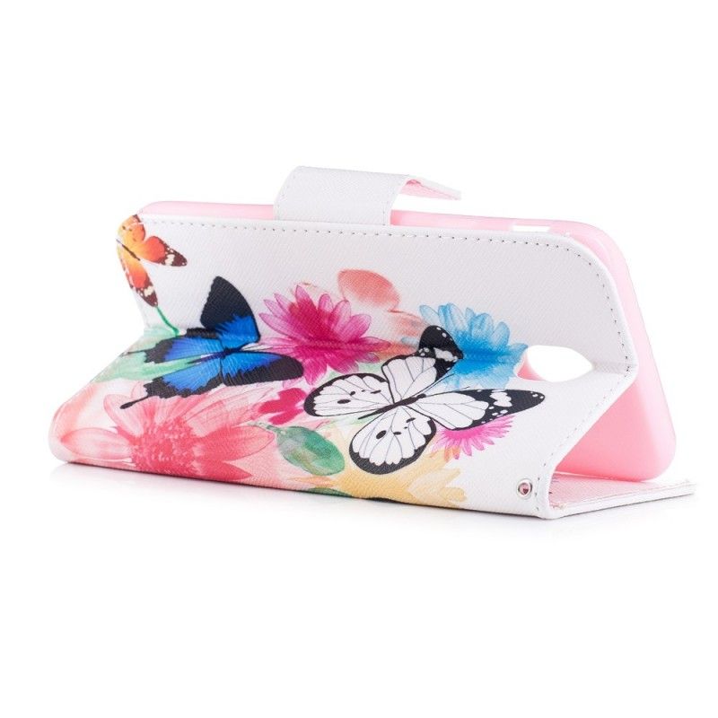 Flip Case Leren Samsung Galaxy J5 2017 Lichtblauw Roze Geschilderde Vlinders En Bloemen