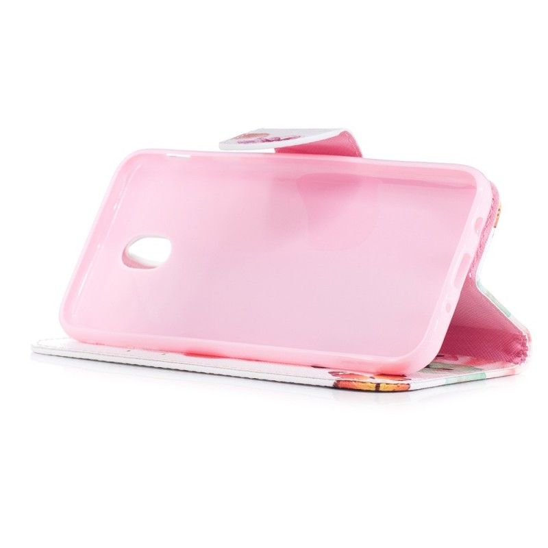 Flip Case Leren Samsung Galaxy J5 2017 Lichtblauw Roze Geschilderde Vlinders En Bloemen