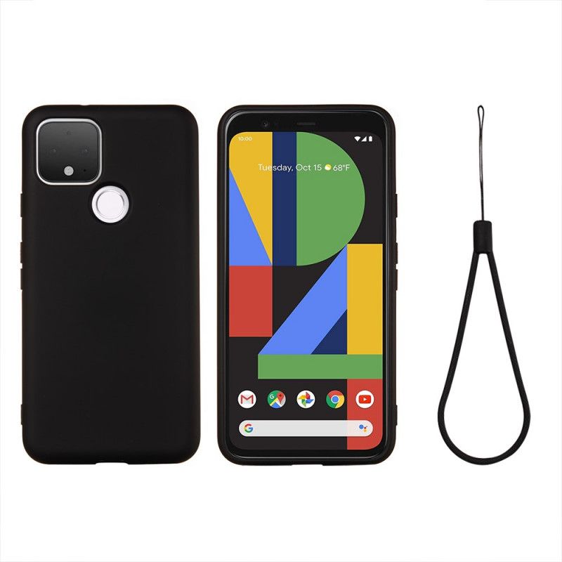 Hoesje Google Pixel 4A 5G Rood Zwart Ontwerp Van Vloeibaar Siliconen Met Riem